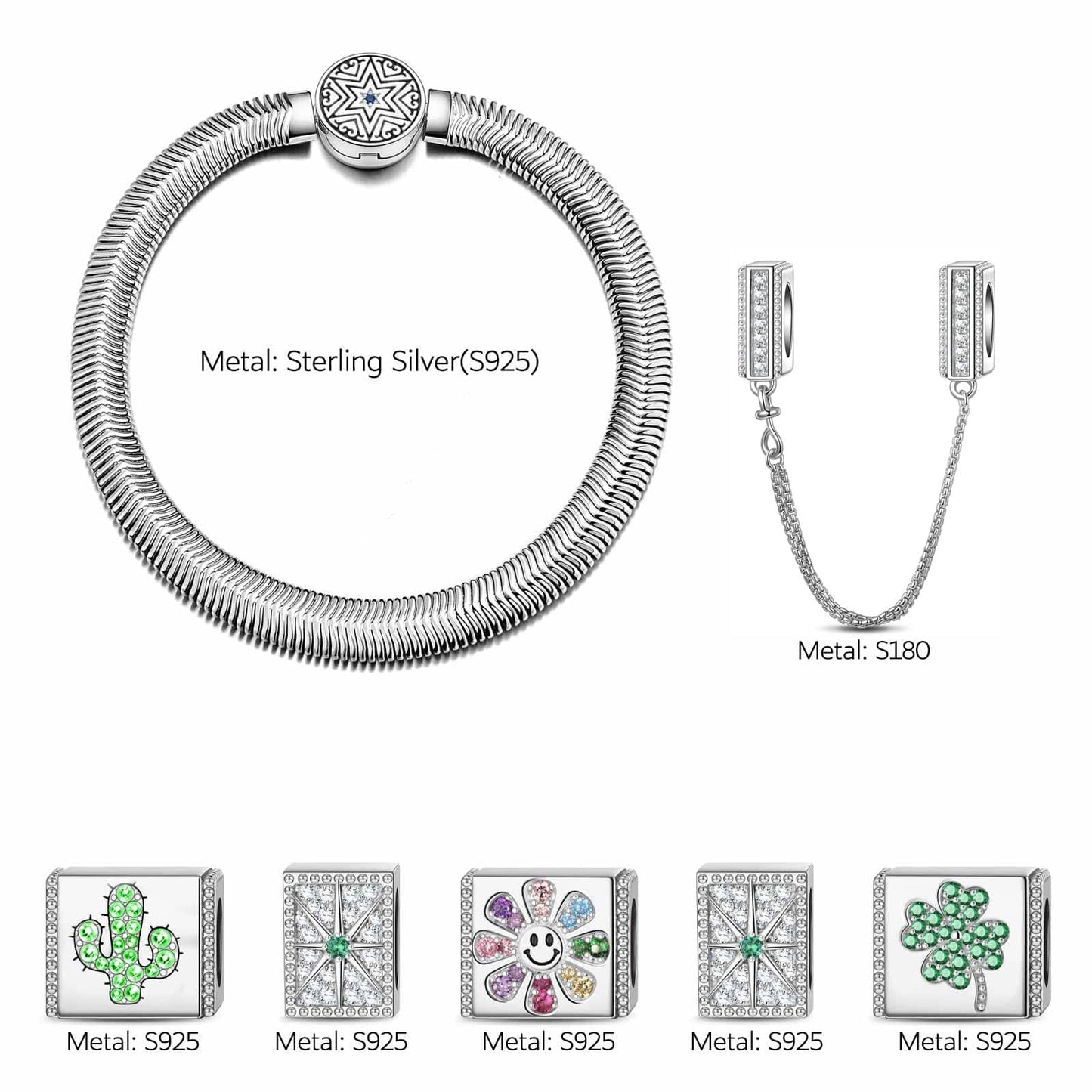 Sterling Silver Smiley Bloom Rectangular Charms Bracelet Set In White Gold Plated(Includes bracelet and all charms shown)