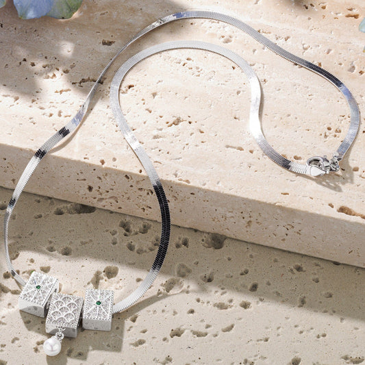 gona- Sterling Silver Astral Echo Rectangular Charms Necklace Set In White Gold Plated