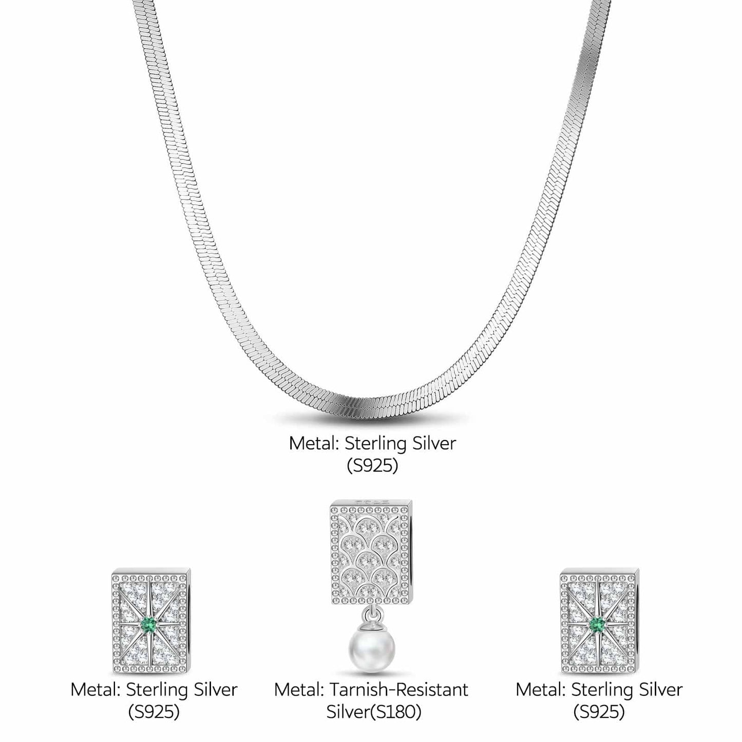 Sterling Silver Astral Echo Rectangular Charms Necklace Set In White Gold Plated