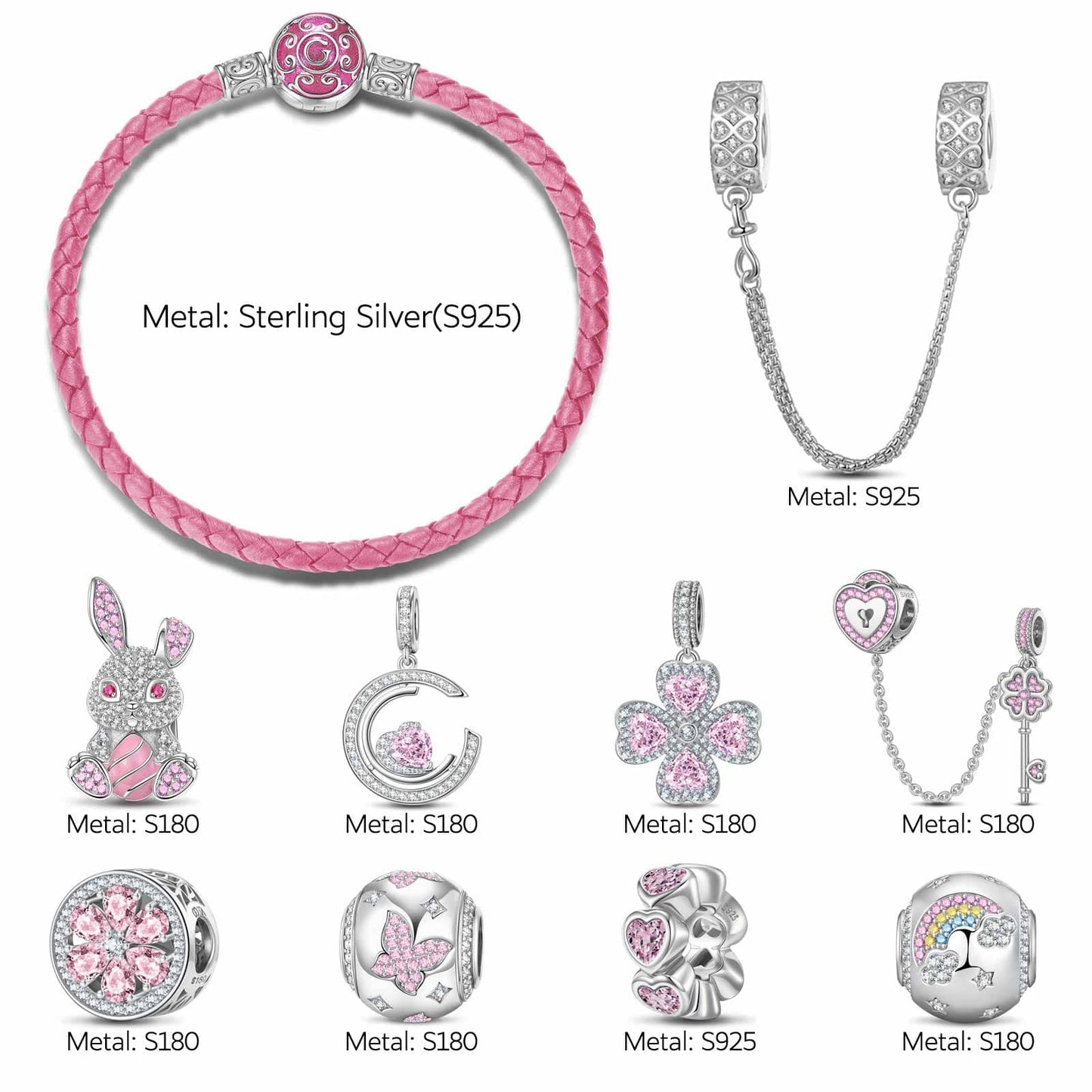 Sterling Silver Spring Spectrum Bracelet Set In White Gold Plated(Includes bracelet and all charms shown)