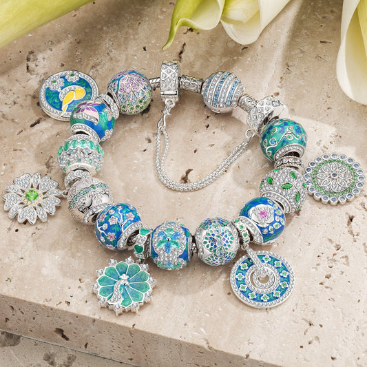 gona- Sterling Silver Floral Wonder Charms Bracelet Set In White Gold Plated (Includes bracelet and all charms shown)