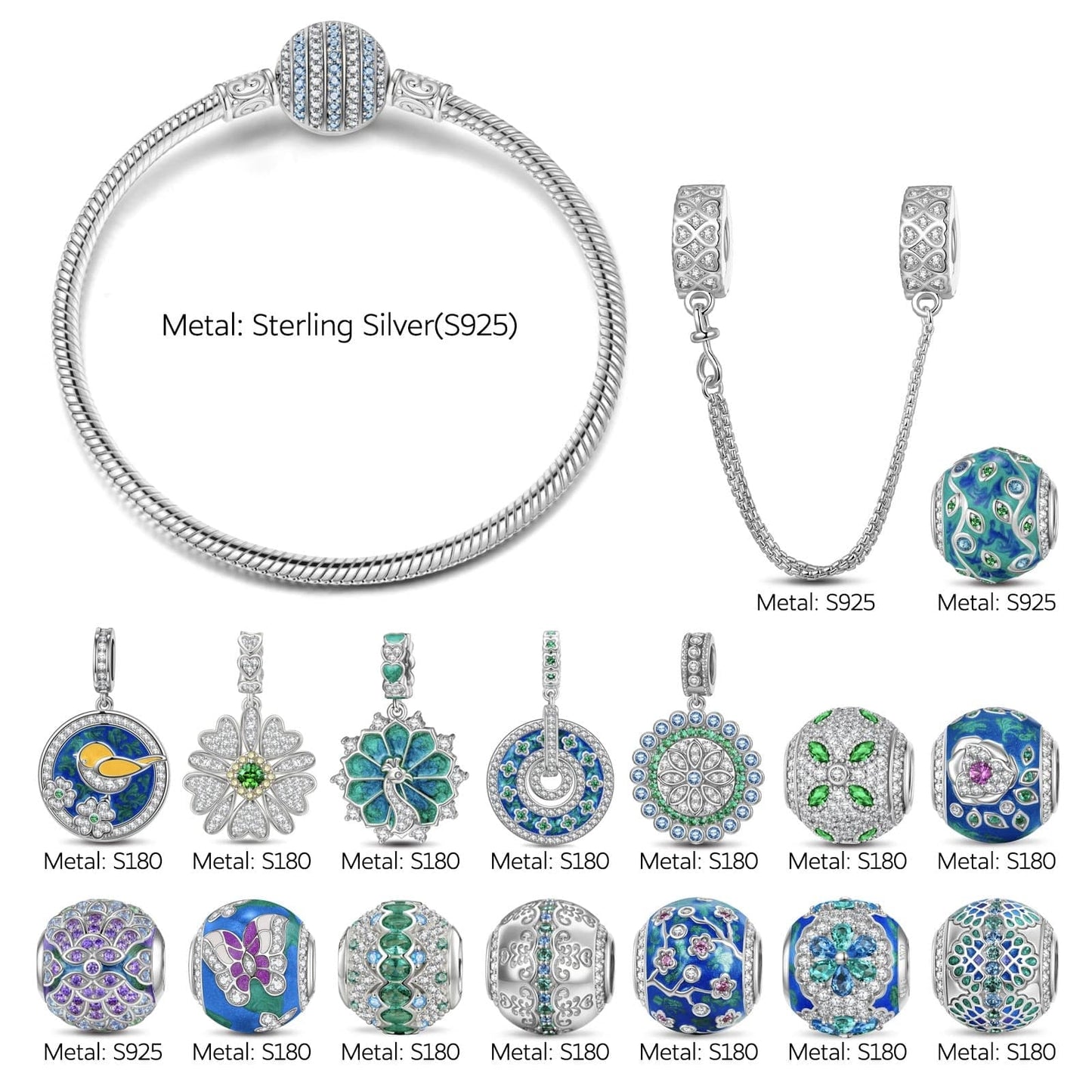 Sterling Silver Floral Wonder Charms Bracelet Set In White Gold Plated (Includes bracelet and all charms shown)