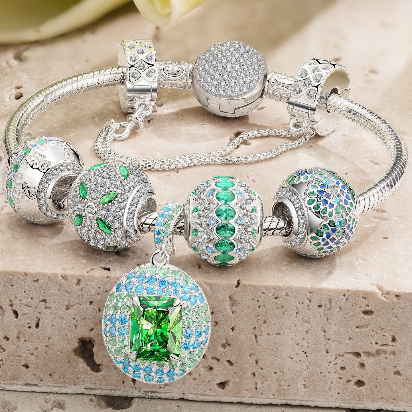 Sterling Silver Emerald Glow Charms Bracelet Set In White Gold Plated (Includes bracelet and all charms shown)