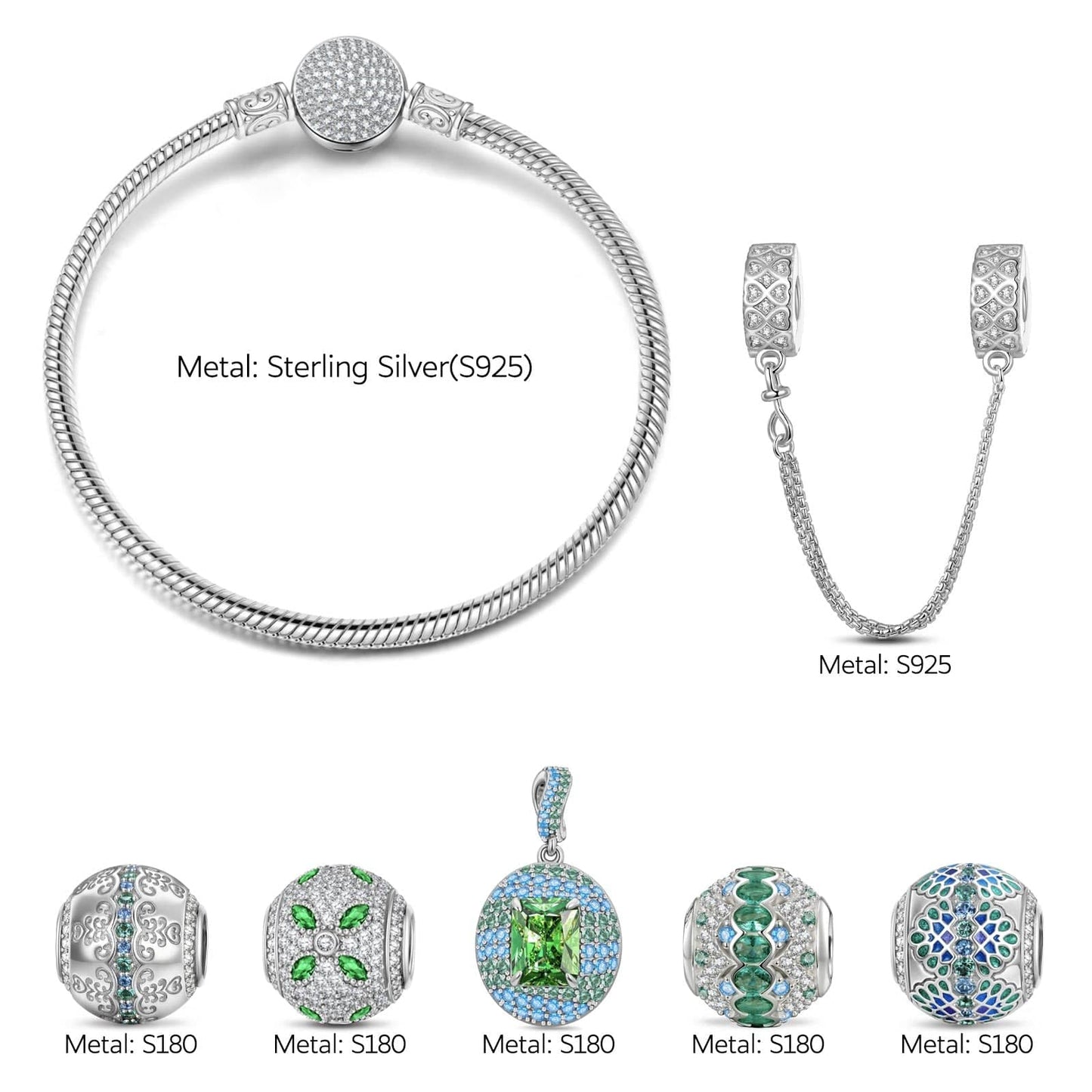 Sterling Silver Emerald Glow Charms Bracelet Set In White Gold Plated (Includes bracelet and all charms shown)