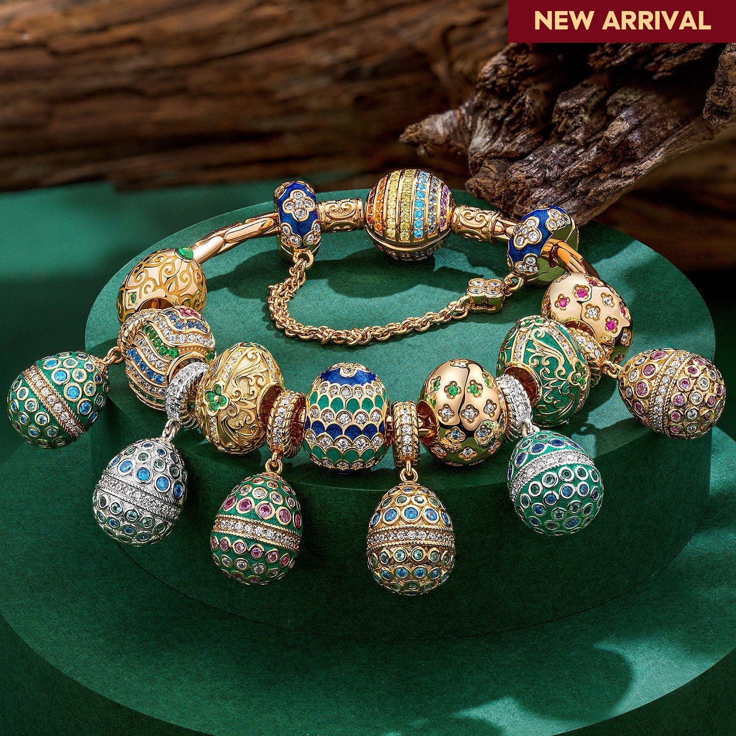 Sterling Silver Springtime Serenity Easter Eggs Charms Bracelet Set With Enamel In 14K Gold Plated (Includes bracelet and all charms shown)