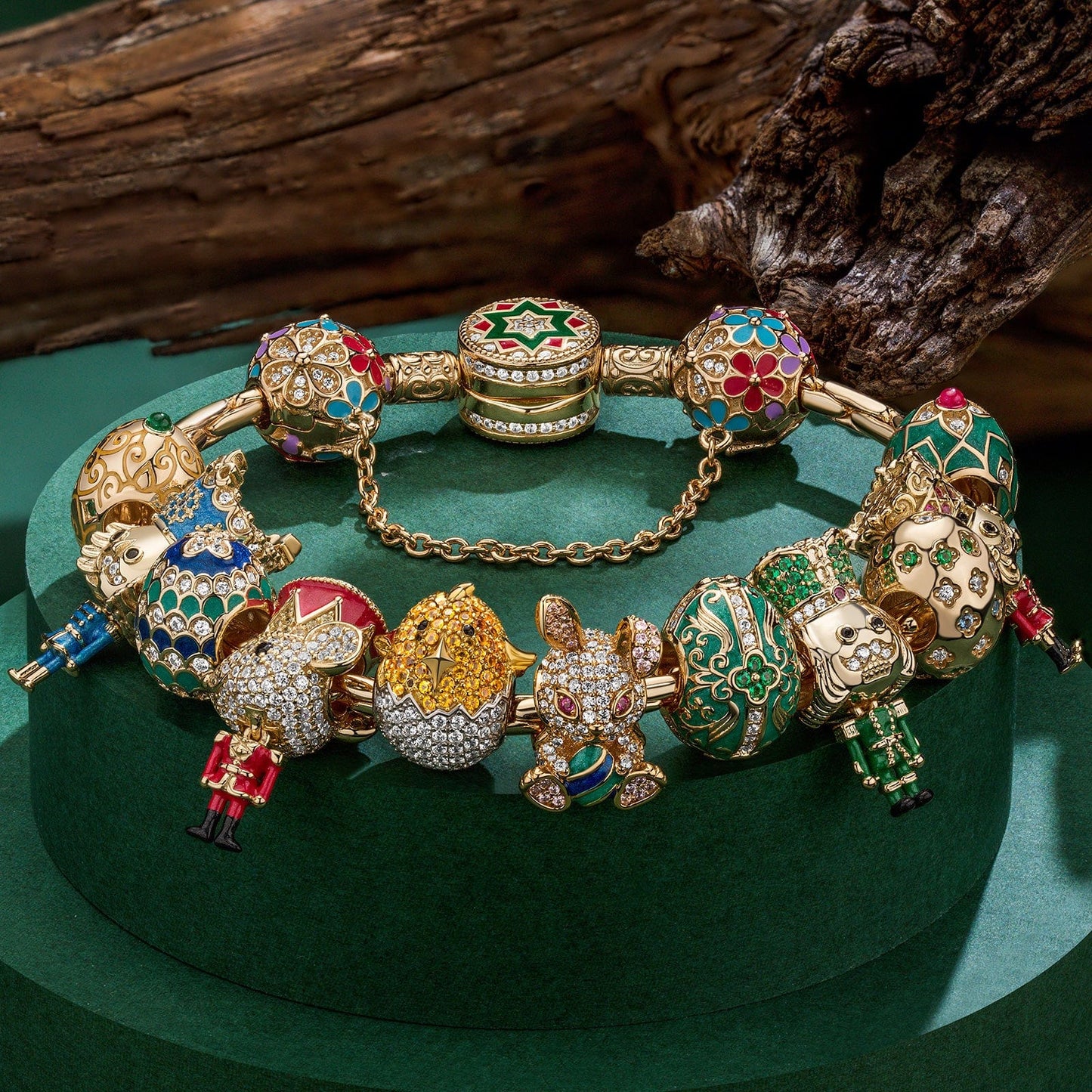 Sterling Silver Whimsical Wonderland Easter Eggs Charms Bracelet Set With Enamel In 14K Gold Plated (Includes bracelet and all charms shown)