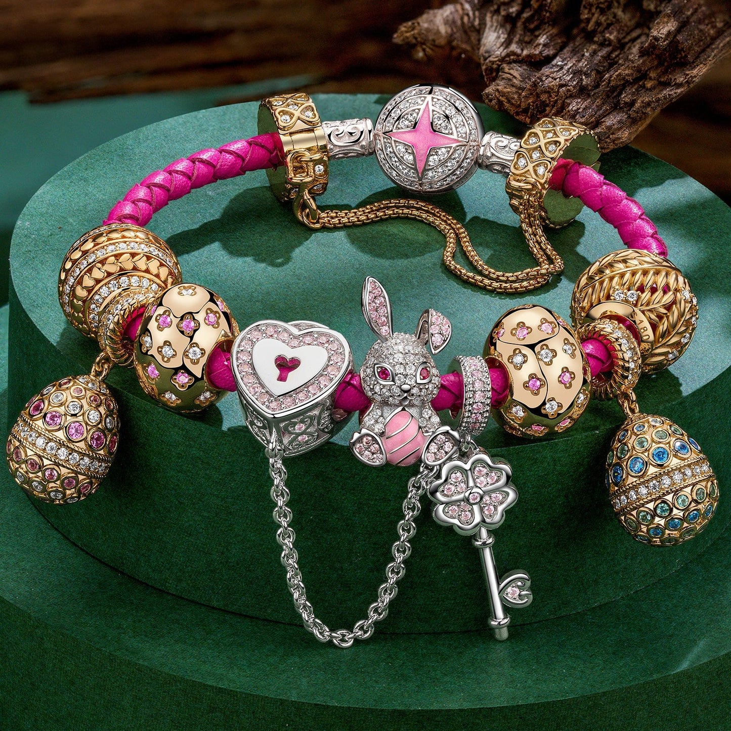 Sterling Silver Bunny's Secret Garden Easter Eggs Charms Bracelet Set With Enamel, Featuring Dual Plating in 14K Gold and White Gold (Includes bracelet and all charms shown)