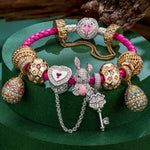Sterling Silver Bunny's Secret Garden Easter Eggs Charms Bracelet Set With Enamel, Featuring Dual Plating in 14K Gold and White Gold (Includes bracelet and all charms shown)