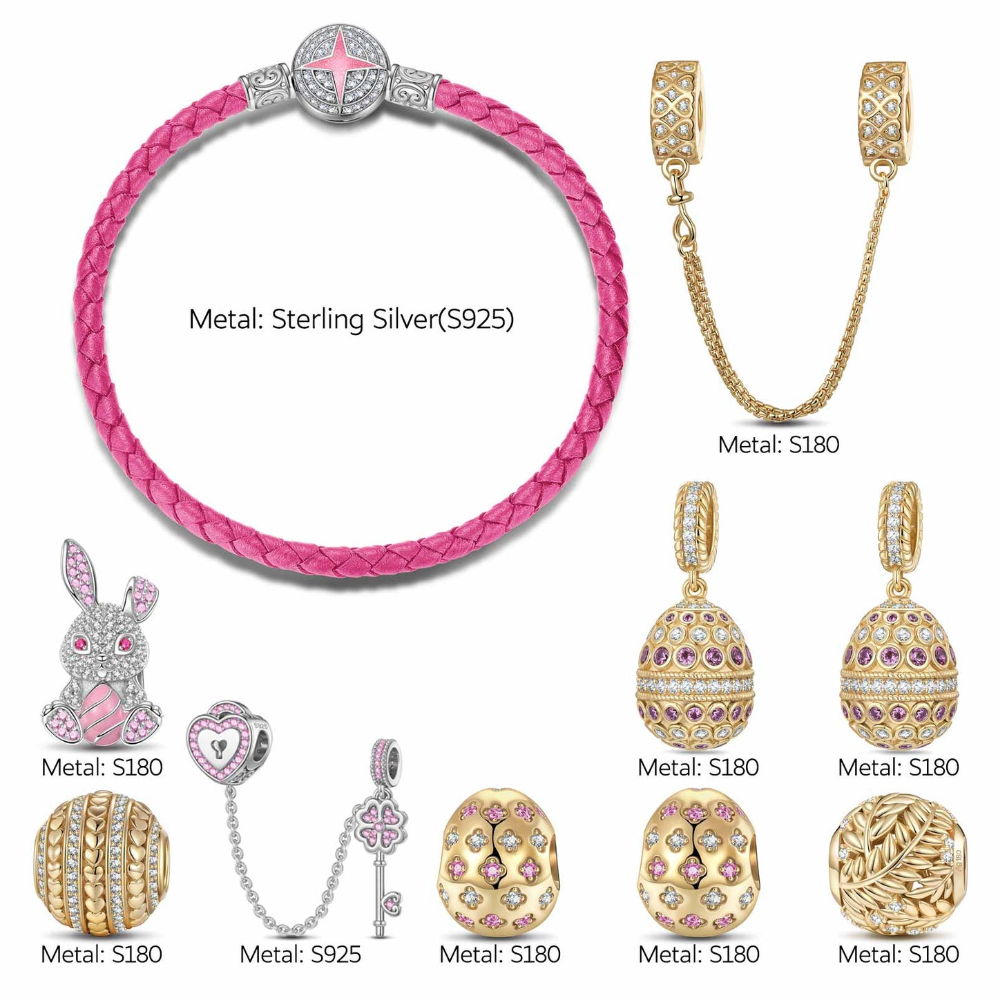 Sterling Silver Bunny's Secret Garden Easter Eggs Charms Bracelet Set With Enamel, Featuring Dual Plating in 14K Gold and White Gold (Includes bracelet and all charms shown)