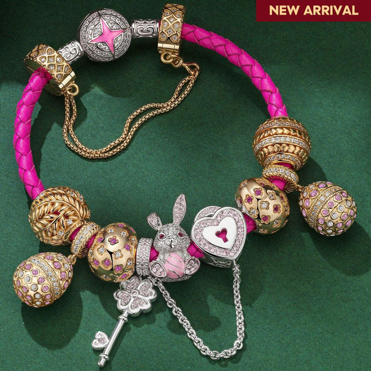 gona- Sterling Silver Bunny's Secret Garden Easter Eggs Charms Bracelet Set With Enamel, Featuring Dual Plating in 14K Gold and White Gold (Includes bracelet and all charms shown)