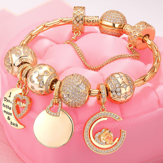 gona- Sterling Silver Customizable Engraving Gentle Protector Charms Bracelet Set In 14K Gold Plated (Includes bracelet and all charms shown)