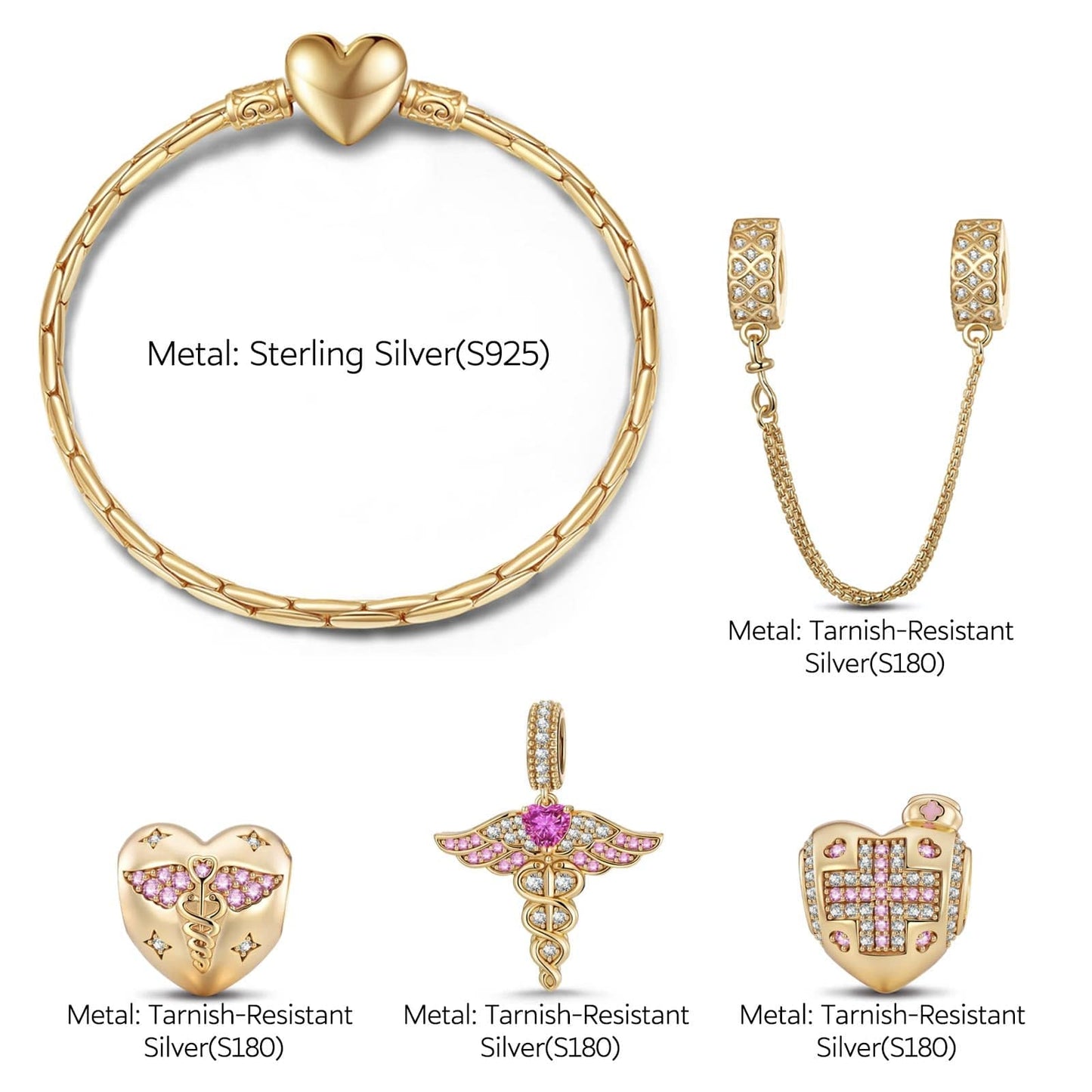 Sterling Silver Gentle Touch Charms Bracelet Set In 14K Gold Plated (Includes bracelet and all charms shown)