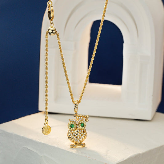 gon- Sterling Silver Enigmatic Owl Charms Necklace Set In 14K Gold Plated