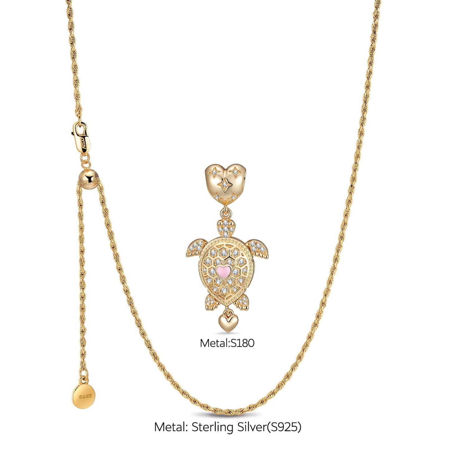 Sterling Silver Adjustable Rope Chain Necklace with Slider Clasp Heartfelt Turtle Charms Necklace Set In 14K Gold Plated