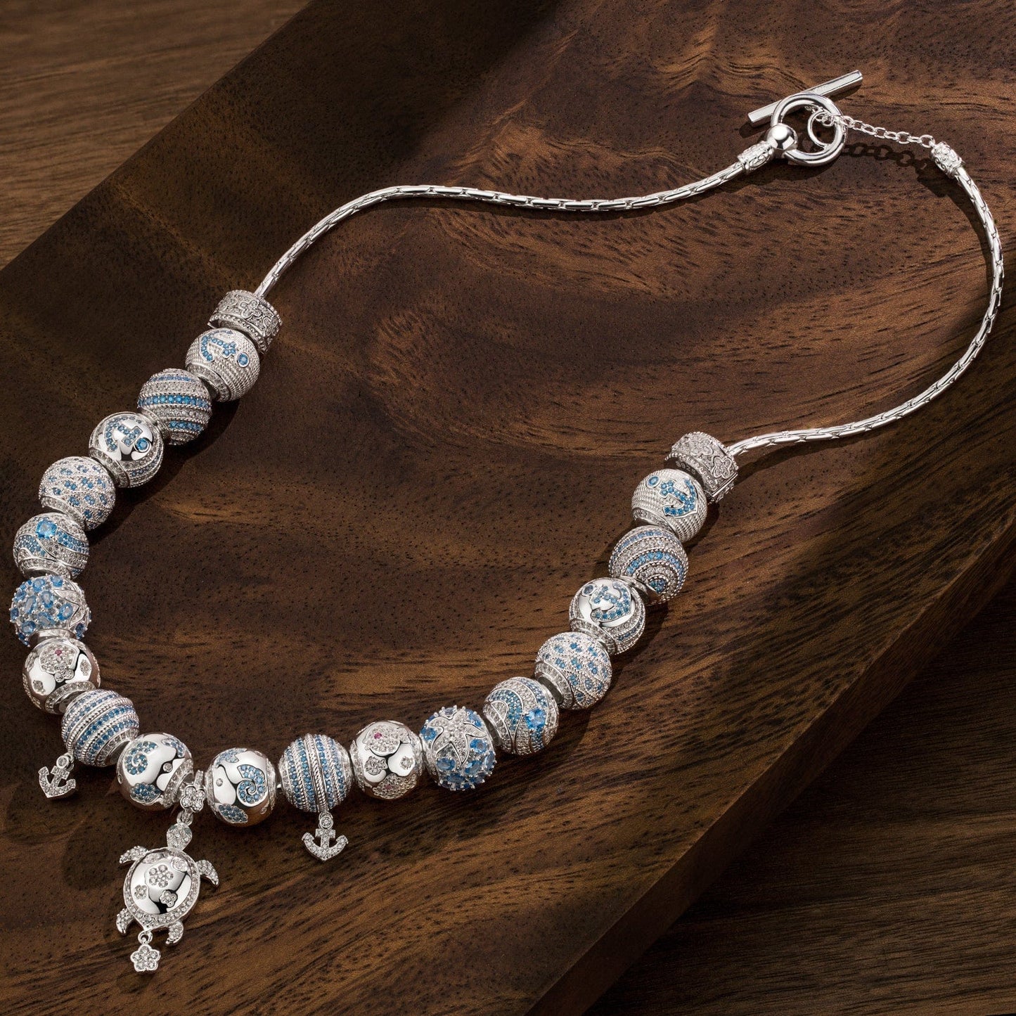 Sterling Silver Classic Bamboo Chain Necklace Coastal Dreams Charms Necklace Set In White Gold Plated