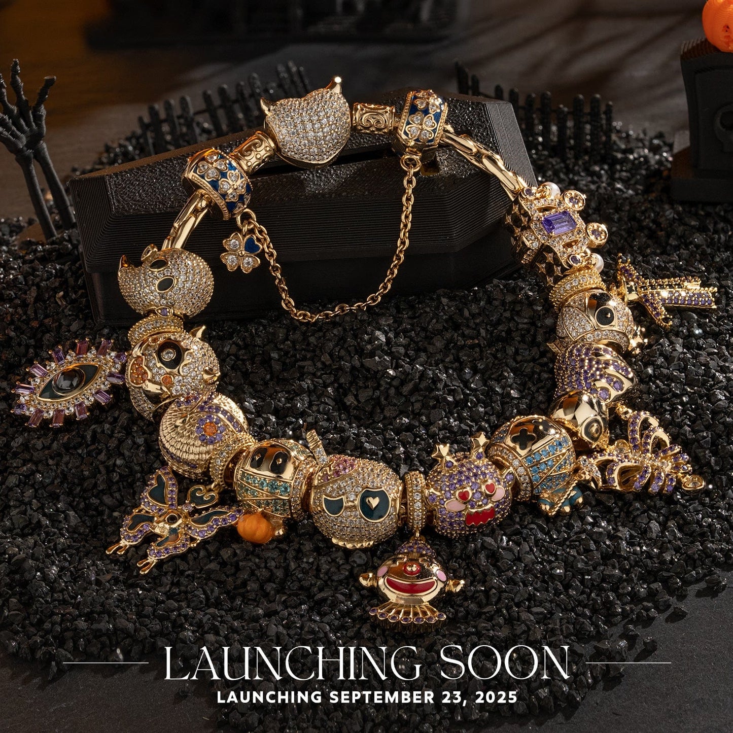 Sterling Silver Spooktacular Charms Bracelet Set With Enamel In 14K Gold Plated (Includes bracelet and all charms shown)