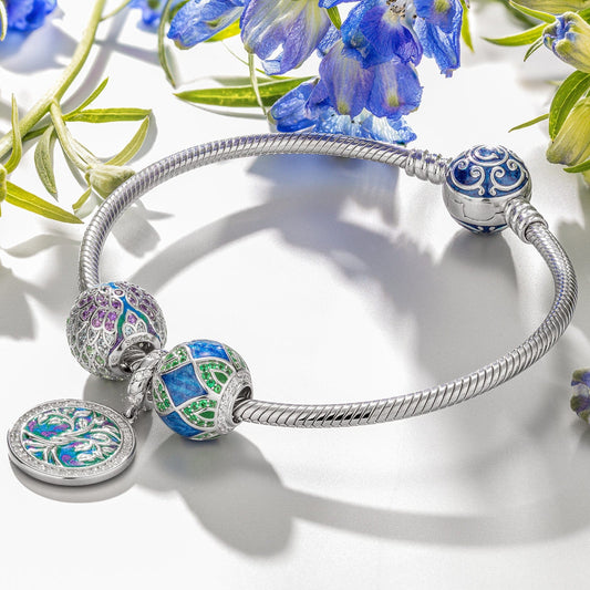 gona- Sterling Silver Tree of Rebirth Charms Bracelet Set With Enamel In White Gold Plated (Includes bracelet and all charms shown)