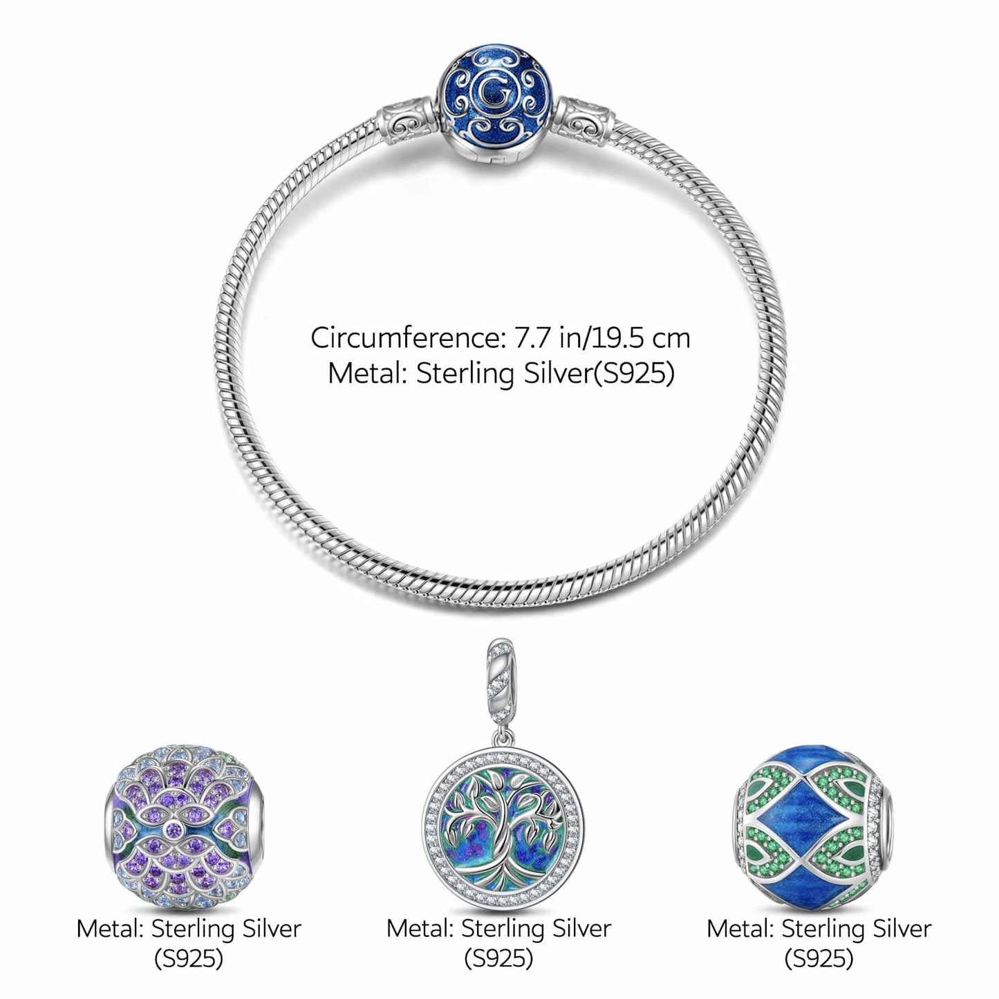 Sterling Silver Tree of Rebirth Charms Bracelet Set With Enamel In White Gold Plated (Includes bracelet and all charms shown)