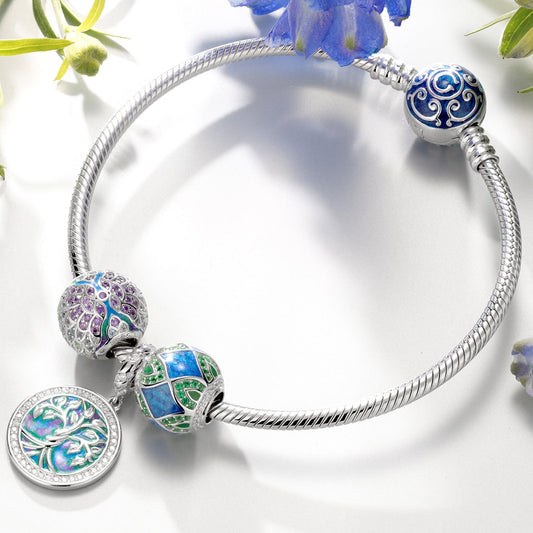 gona- Sterling Silver Tree of Rebirth Charms Bracelet Set With Enamel In White Gold Plated (Includes bracelet and all charms shown)