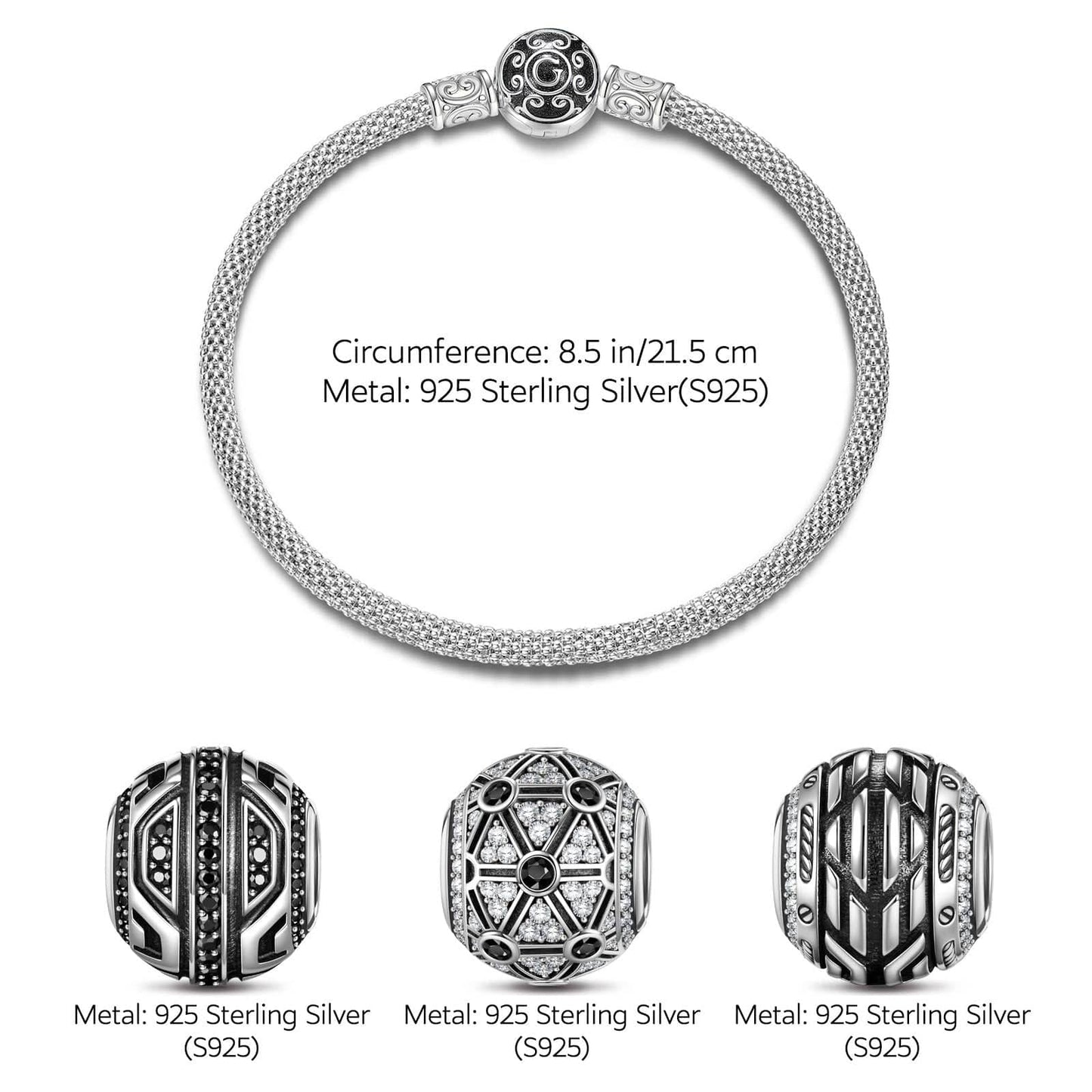 Sterling Silver XL Size Mechanical Future Charms Bracelet Set With Enamel In White Gold Plated For Men (Includes bracelet and all charms shown)