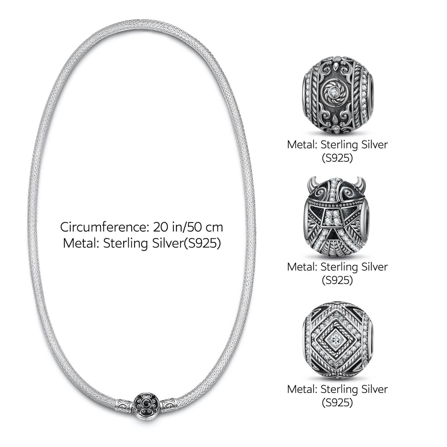Sterling Silver Berserker Rage XL Size Charms Necklace Set With Enamel In White Gold Plated For Men