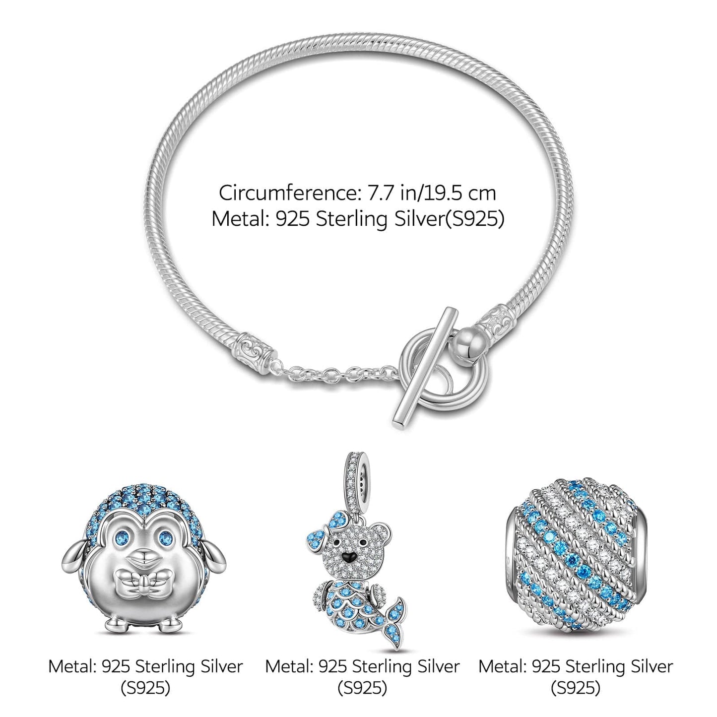 Sterling Silver Mermaid Bear Penguin Charms Bracelet Set In White Gold Plated (Includes bracelet and all charms shown)