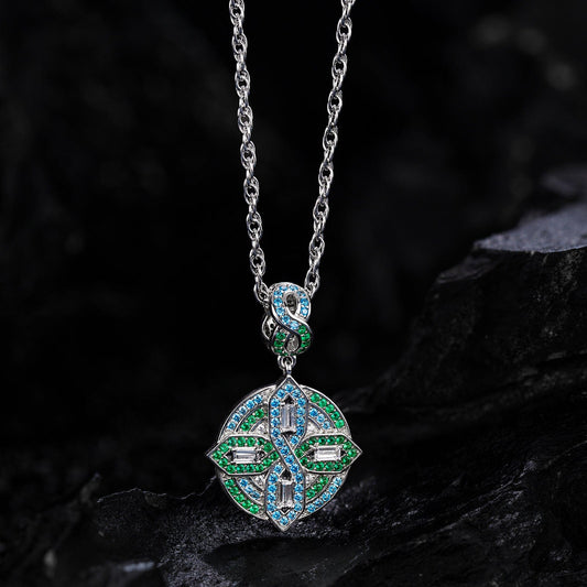 gon- Sterling Silver Green Shield Charms Necklace Set In White Gold Plated