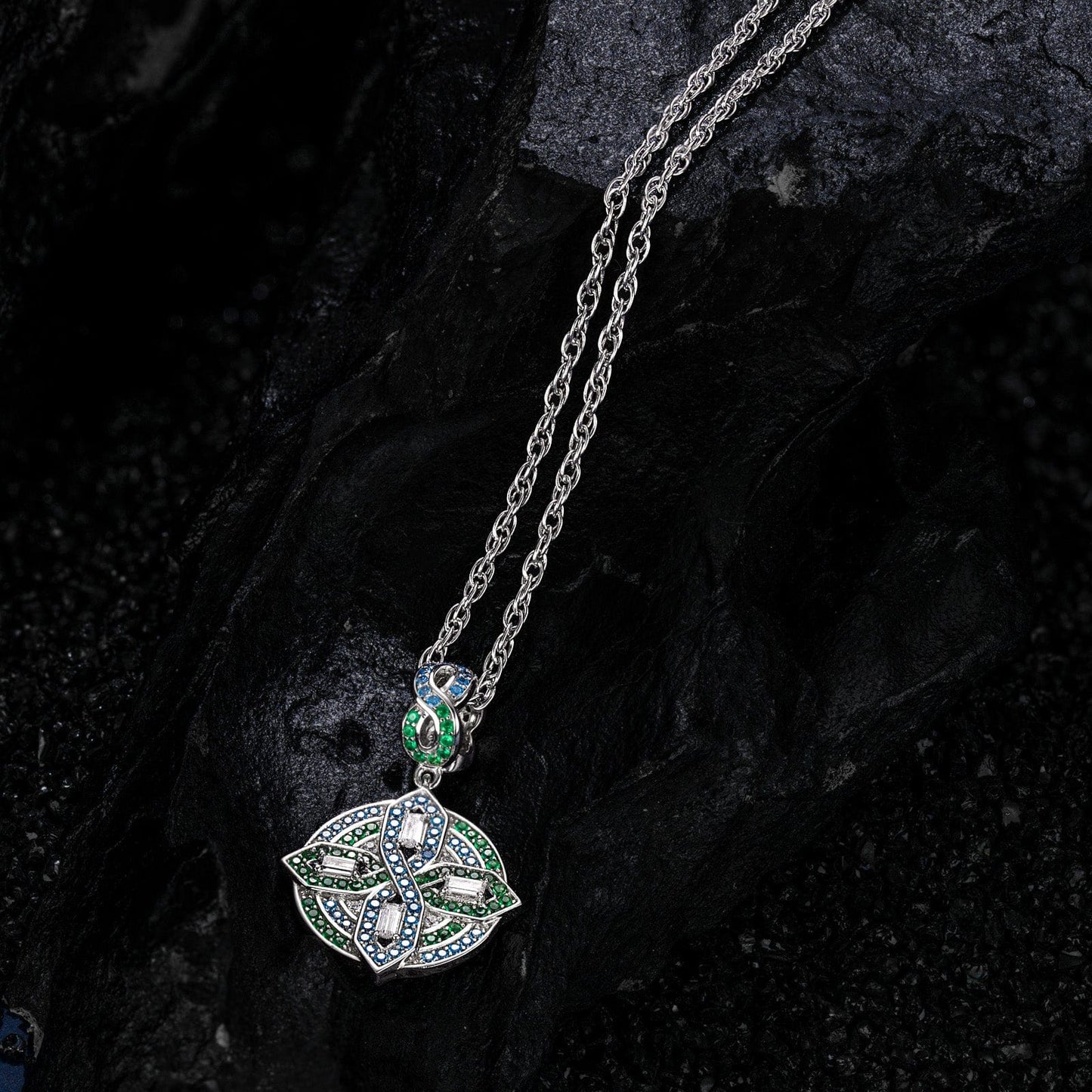 Sterling Silver Green Shield Charms Necklace Set In White Gold Plated