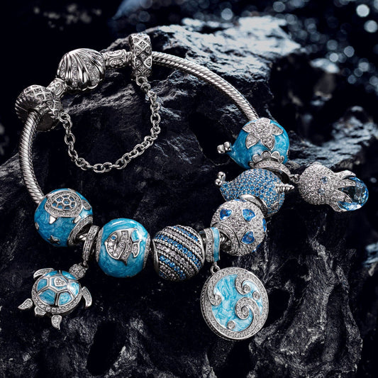 gon- Sterling Silver Deep Sea Family Charms Bracelet Set With Enamel In White Gold Plated (Includes bracelet and all charms shown)