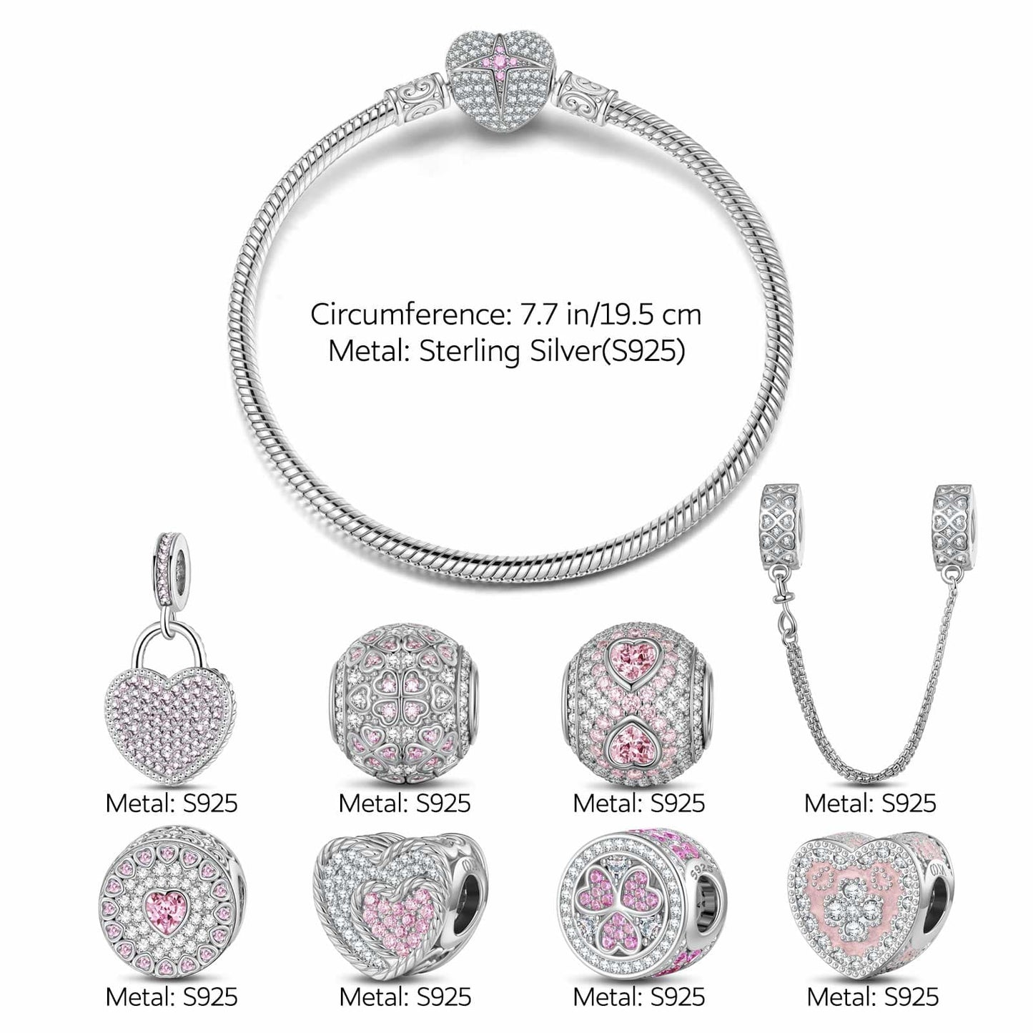 Sterling Silver Secretly Love Charms Bracelet Set With Enamel In White Gold Plated (Includes bracelet and all charms shown)
