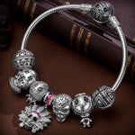 Sterling Silver Skeleton Tribe Charms Bracelet Set With Enamel In White Gold Plated (Includes bracelet and all charms shown)