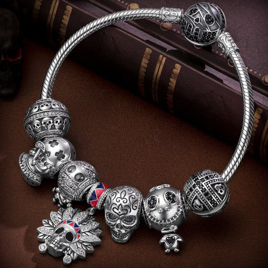gona- Sterling Silver Skeleton Tribe Charms Bracelet Set With Enamel In White Gold Plated (Includes bracelet and all charms shown)
