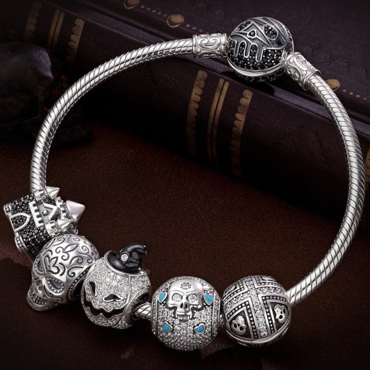 gona- Sterling Silver Halloween Castle Charms Bracelet Set With Enamel In White Gold Plated (Includes bracelet and all charms shown)