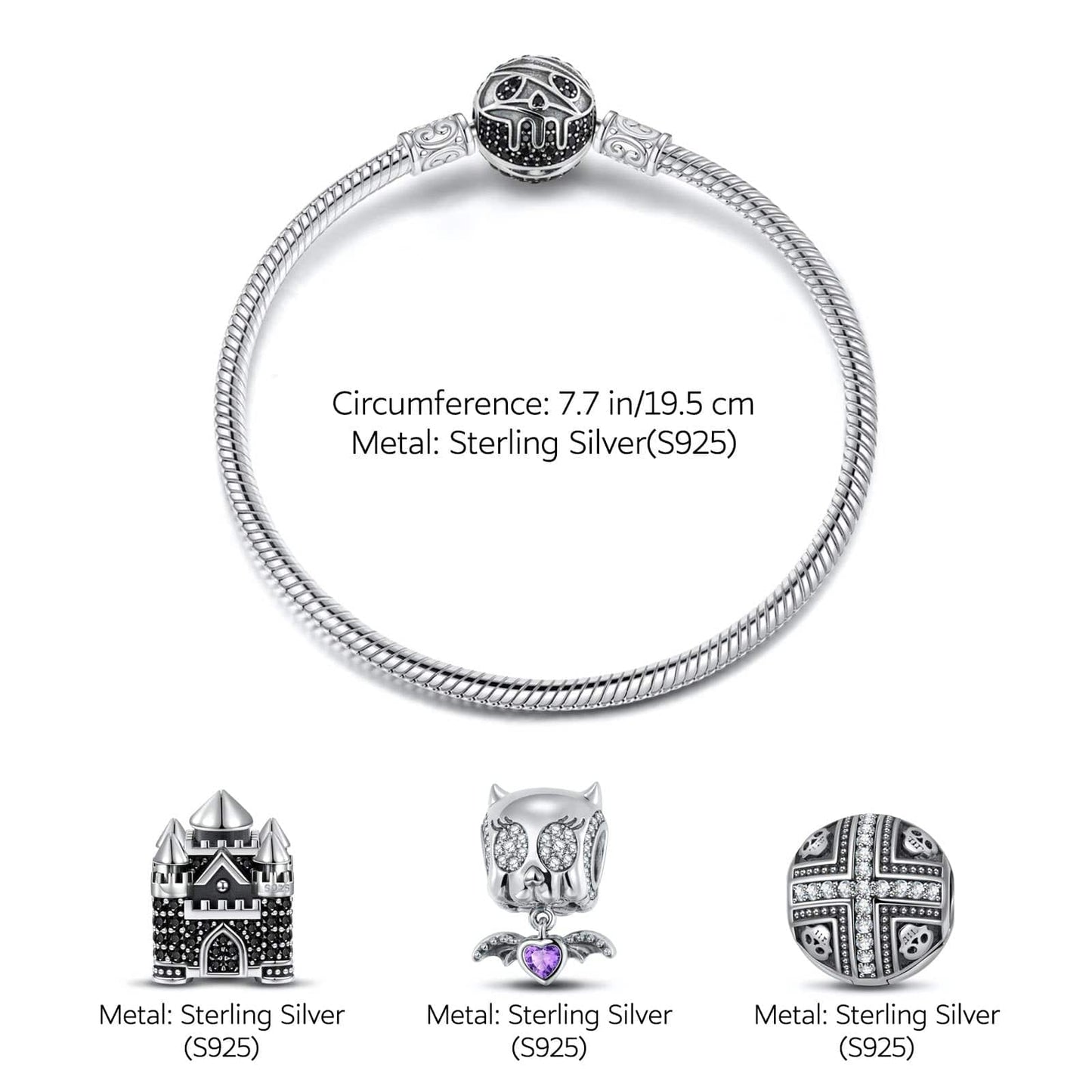 Sterling Silver Elf Castle Charms Bracelet Set With Enamel In White Gold Plated (Includes bracelet and all charms shown)