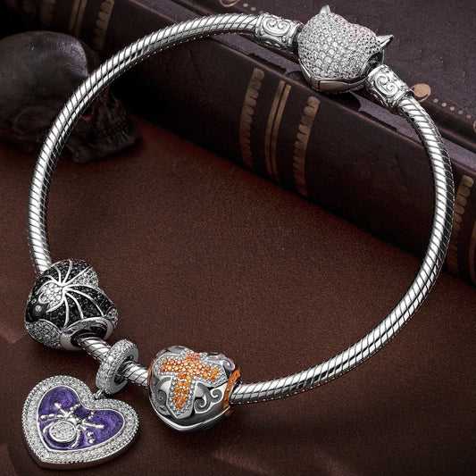gona- Sterling Silver Evil's Entrapment Charms Bracelet Set With Enamel In White Gold Plated (Includes bracelet and all charms shown)