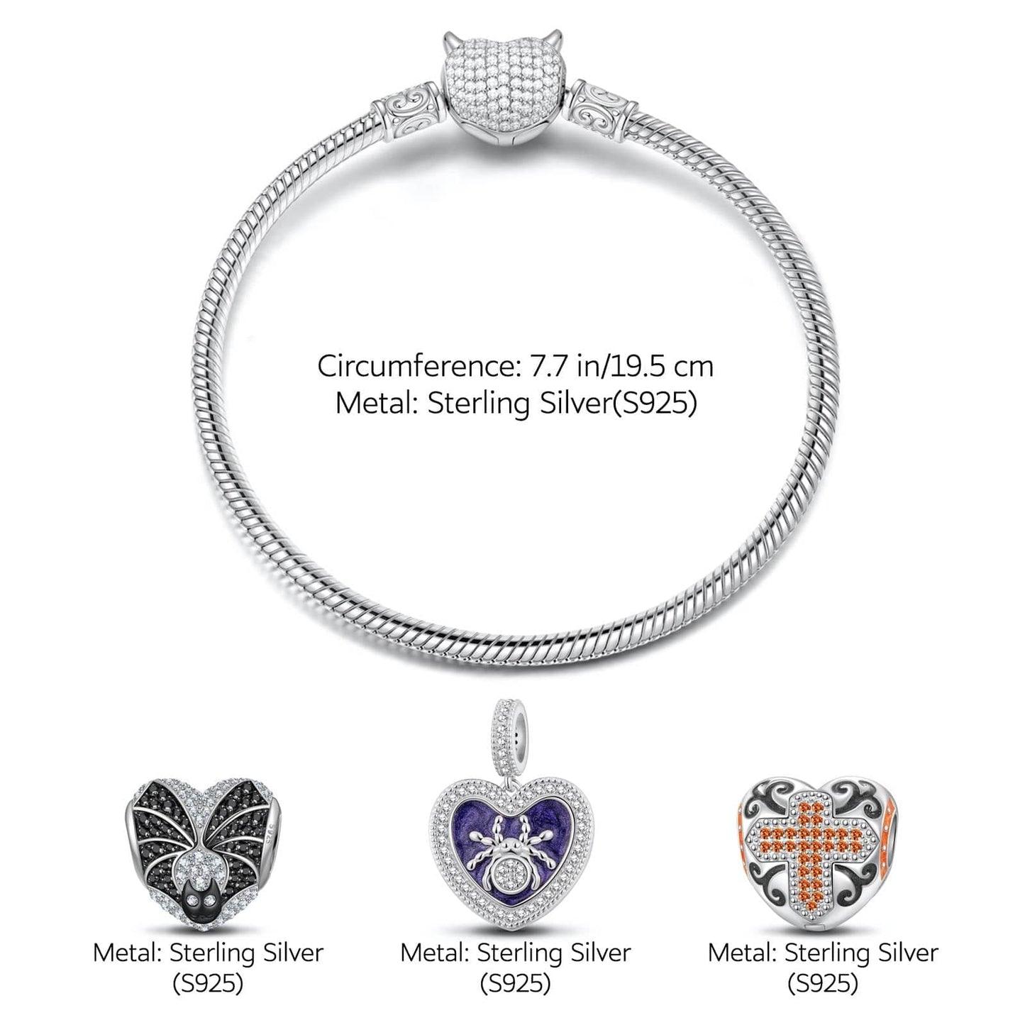Sterling Silver Evil's Entrapment Charms Bracelet Set With Enamel In White Gold Plated (Includes bracelet and all charms shown)