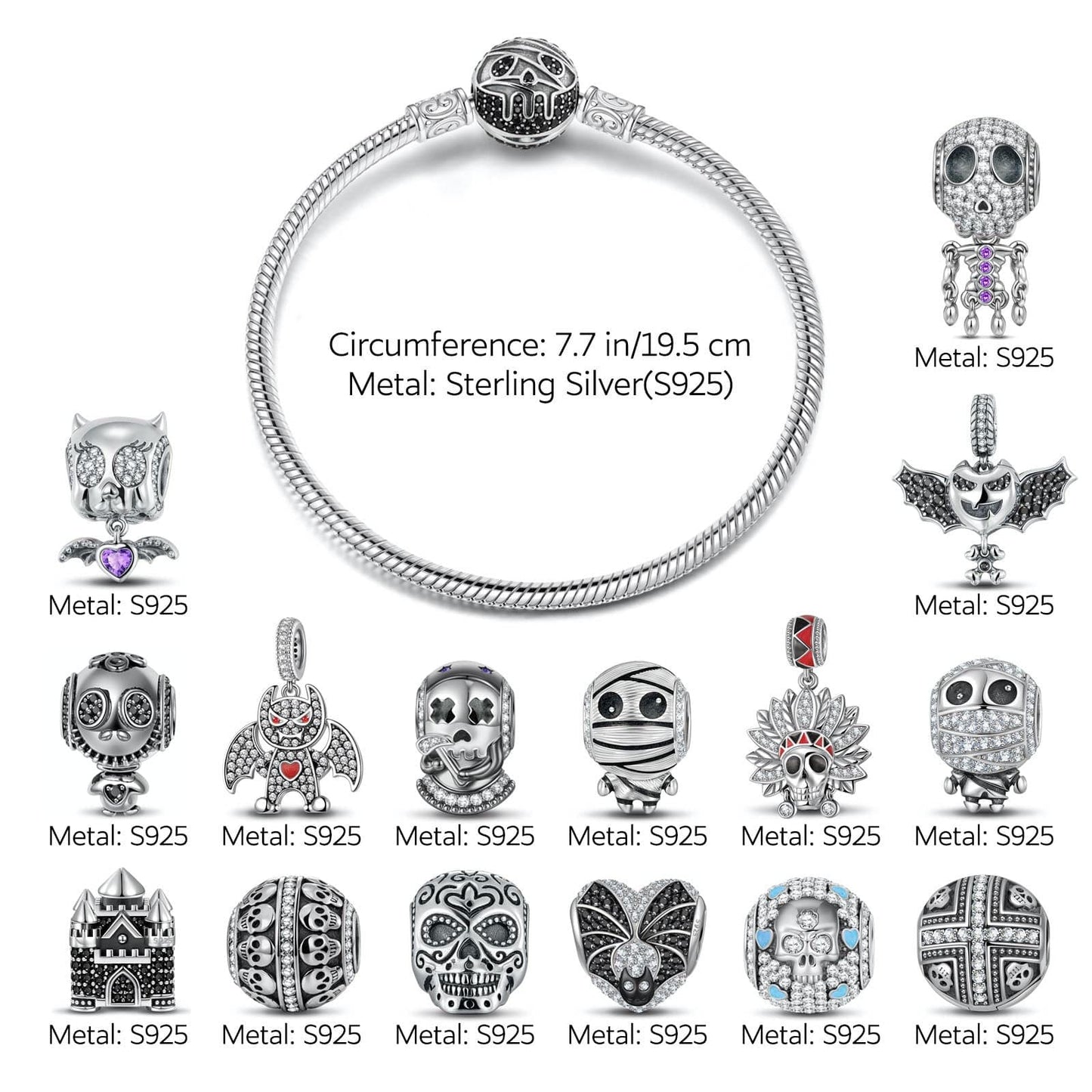 Sterling Silver The Lost Ghostdom Charms Bracelet Set With Enamel In Blackened 925 Sterling Silver (Includes bracelet and all charms shown)
