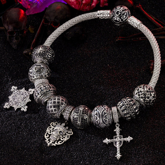gona- Sterling Silver Thriving in the Shadows XL Size Charms Bracelet Set With Enamel In White Gold Plated For Men (Includes bracelet and all charms shown)