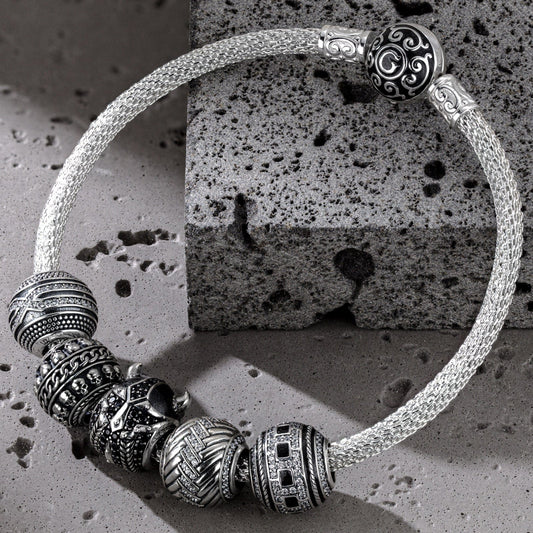 gona- Sterling Silver Skulls and Berserker XL Size Charms Bracelet Set With Enamel In White Gold Plated For Men (Includes bracelet and all charms shown)