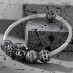 Sterling Silver Skulls and Berserker XL Size Charms Bracelet Set With Enamel In White Gold Plated For Men (Includes bracelet and all charms shown)