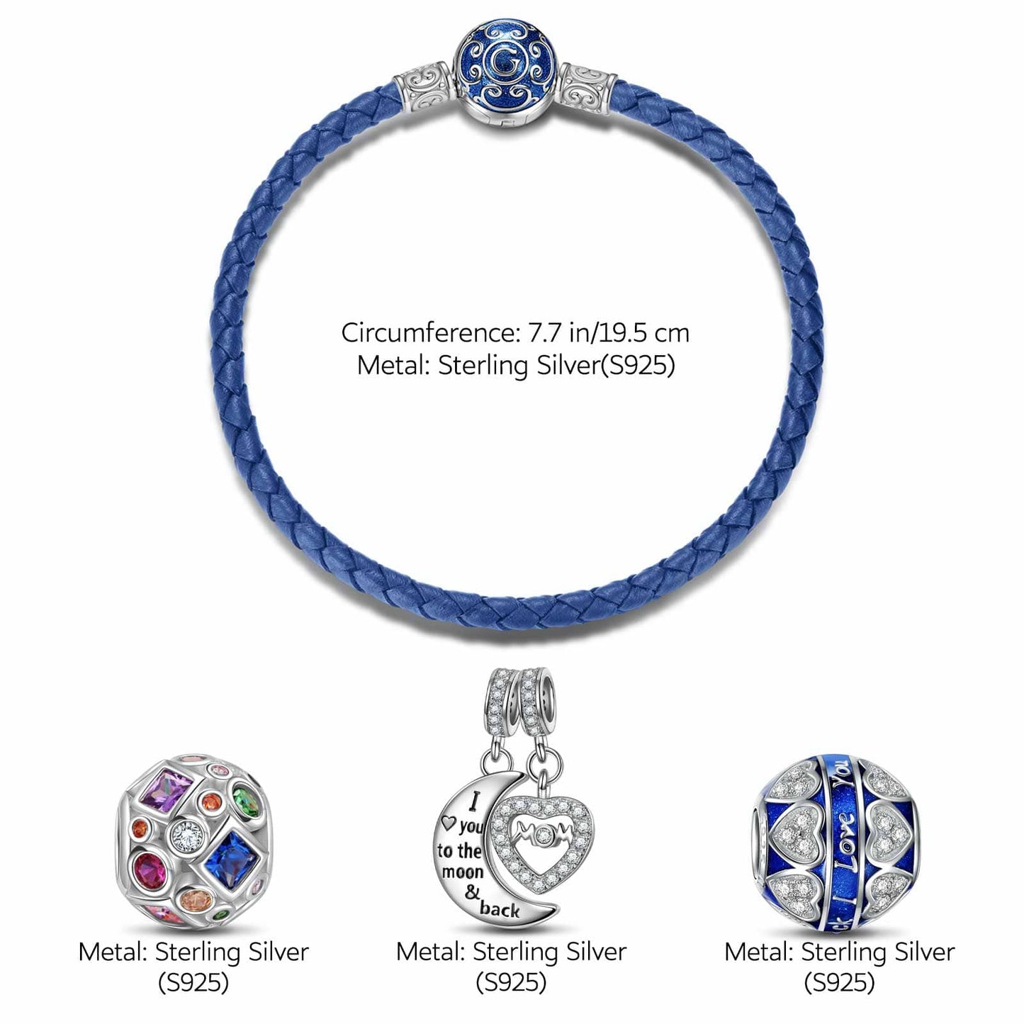 Sterling Silver Love You To the Moon Charms Bracelet Set With Enamel In White Gold Plated (Includes bracelet and all charms shown)