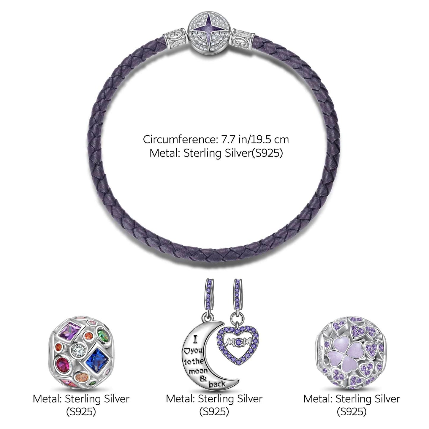 Sterling Silver Love You To the Moon Charms Bracelet Set With Enamel In White Gold Plated (Includes bracelet and all charms shown)
