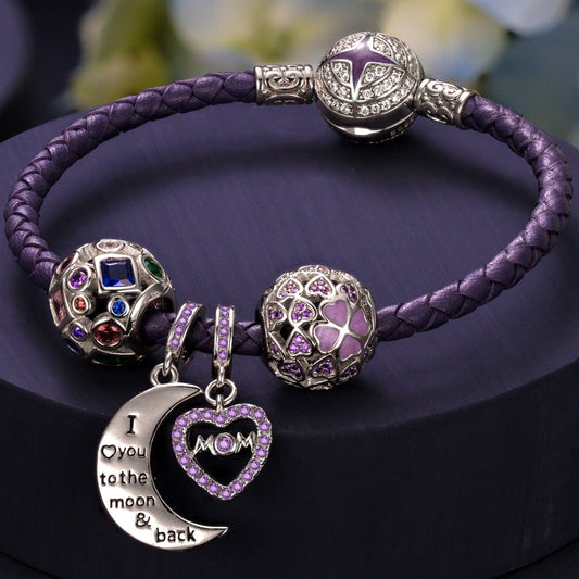 gona- Sterling Silver Love You To the Moon Charms Bracelet Set With Enamel In White Gold Plated (Includes bracelet and all charms shown)