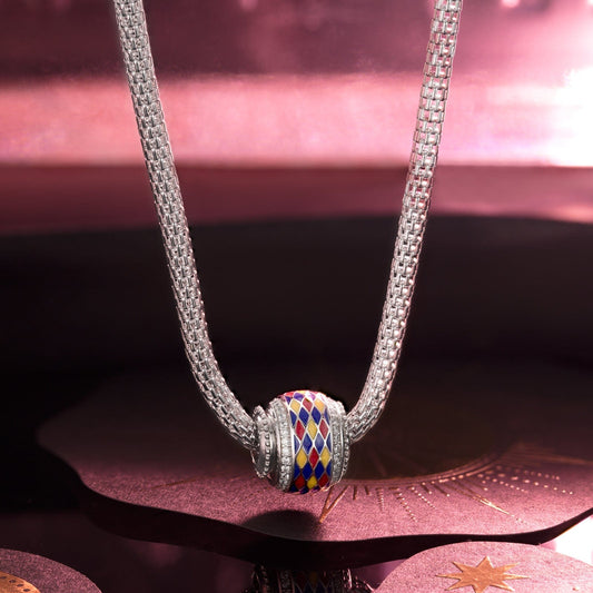 gona- Sterling Silver Stained Glass Window Charms Necklace Set With Enamel In White Gold Plated