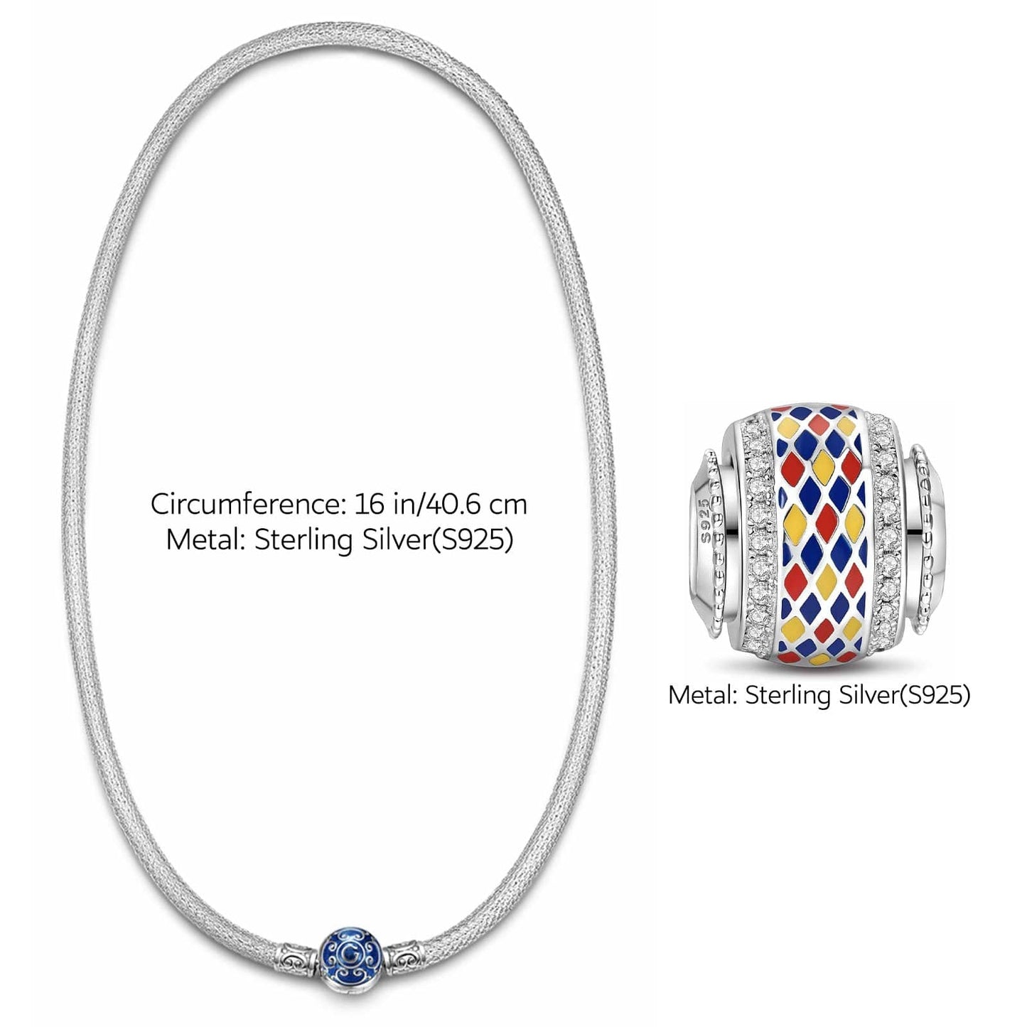 Sterling Silver Stained Glass Window Charms Necklace Set With Enamel In White Gold Plated