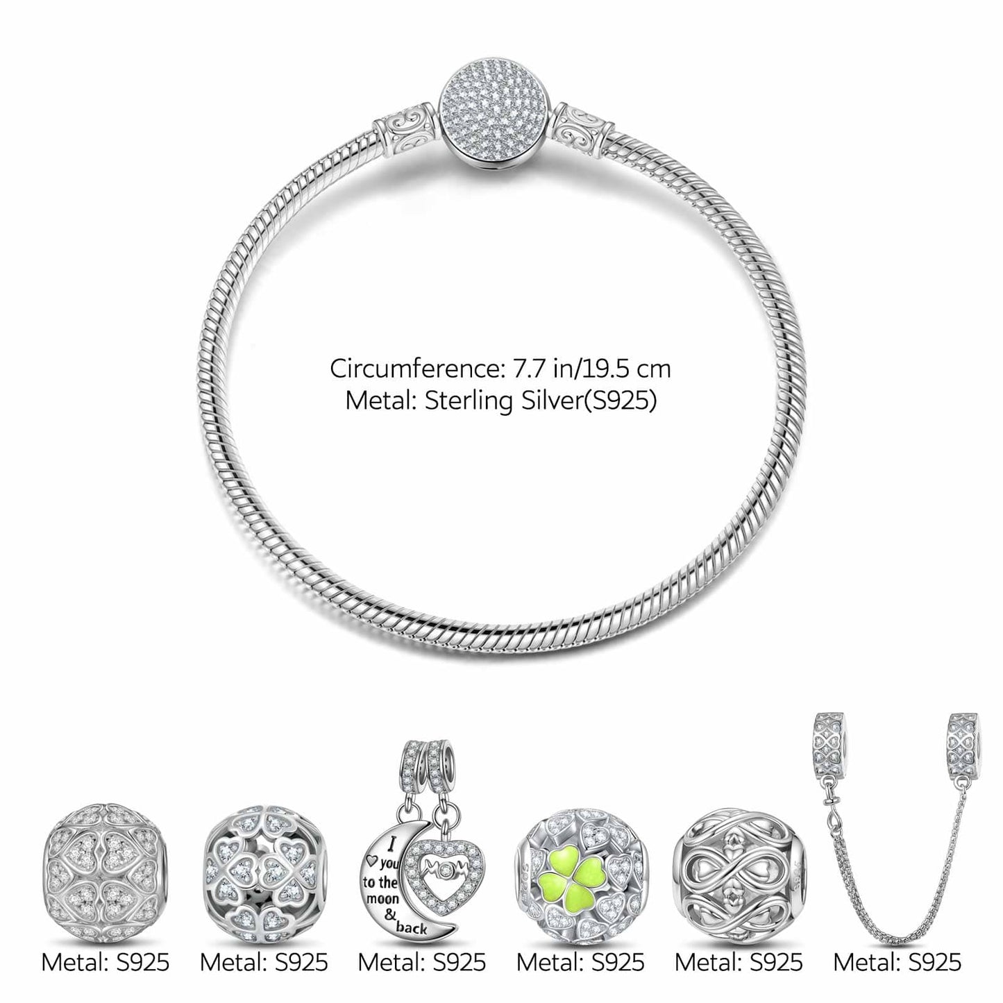 Sterling Silver Love and Luck Charms Bracelet Set With Enamel In White Gold Plated (Includes bracelet and all charms shown)