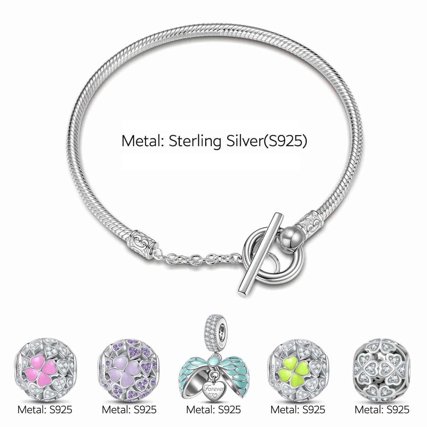 Sterling Silver Colorful Clover Charms Bracelet Set With Enamel In White Gold Plated (Includes bracelet and all charms shown)