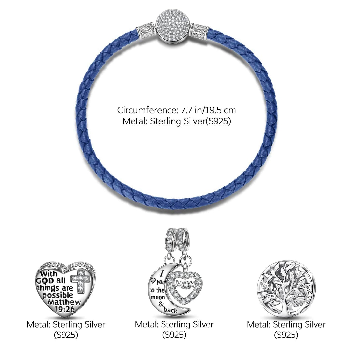 Sterling Silver My Love My Root Charms Bracelet Set In White Gold Plated (Includes bracelet and all charms shown)