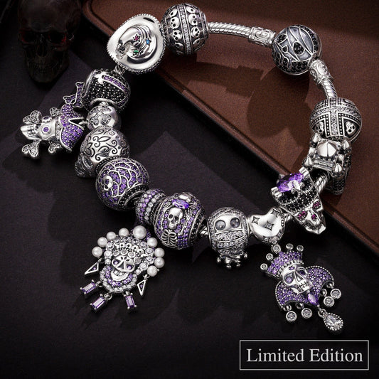 gona- Limited Edition Flash Sale: Sterling Silver Shadowed Skull Kingdom Charms Bracelet Set With Enamel In White Gold Plated (Includes bracelet and all charms shown)