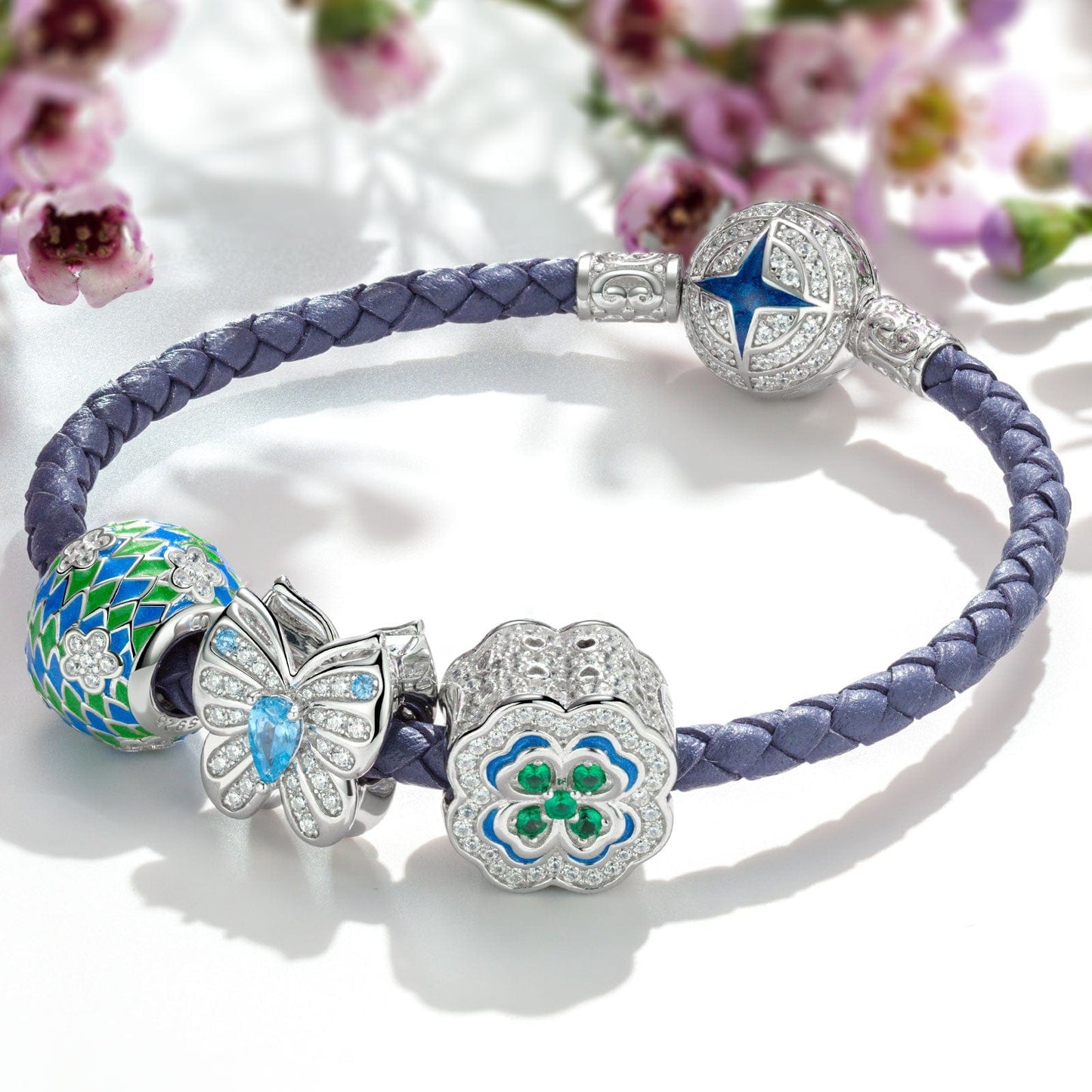 Sterling Silver Secret Garden Charms Bracelet Set With Enamel In White Gold Plated (Includes bracelet and all charms shown)